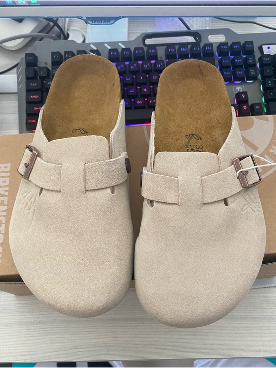 Birkenstock Shoes - Birkenstock Beige Suede Clogs with Rose Gold Buckles